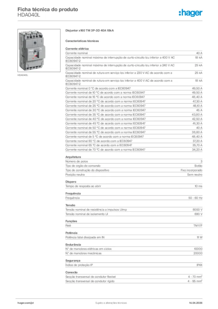 Imagem Hager Ficha técnica do produto HDA040L | Hager Portugal