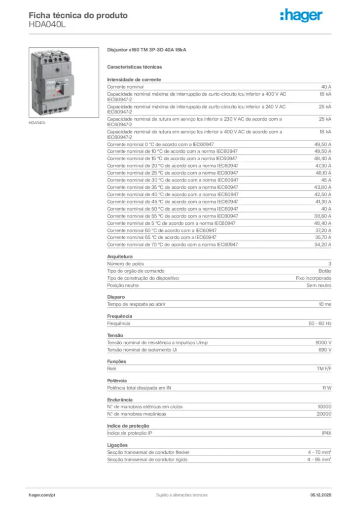 Imagem Hager Ficha técnica do produto HDA040L | Hager Portugal