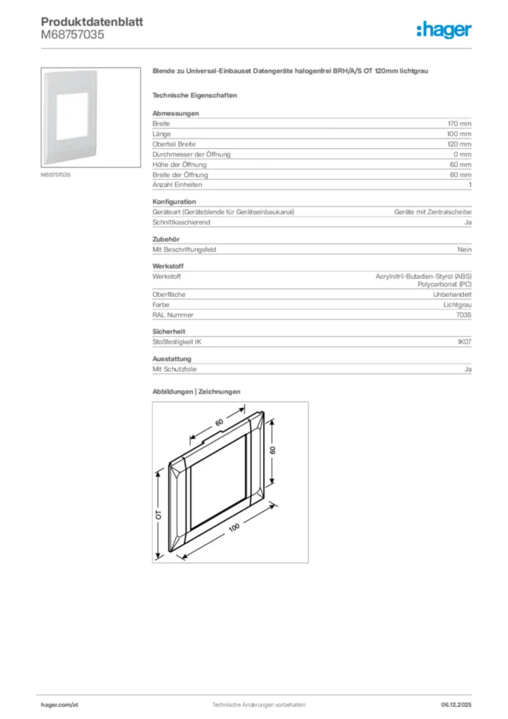 Bild Hager Produktdatenblatt M68757035 | Hager Deutschland