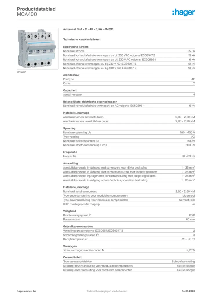 Afbeelding Hager Productdatablad MCA400 | Hager Belgium