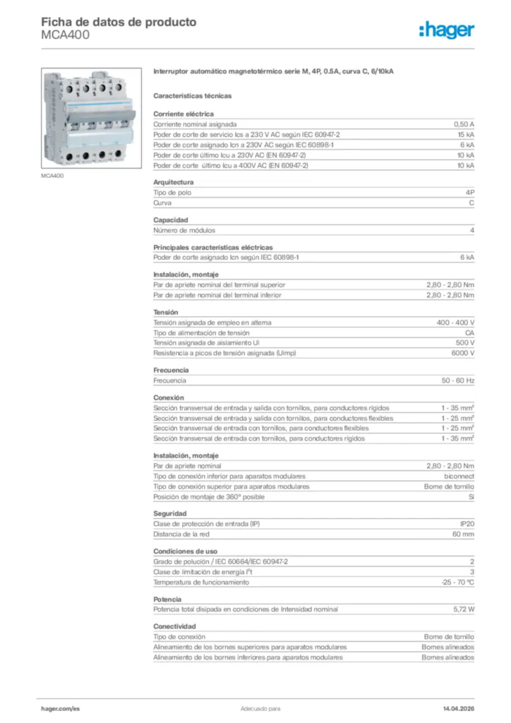 Imagen Hager Ficha de datos de producto MCA400 | Hager España