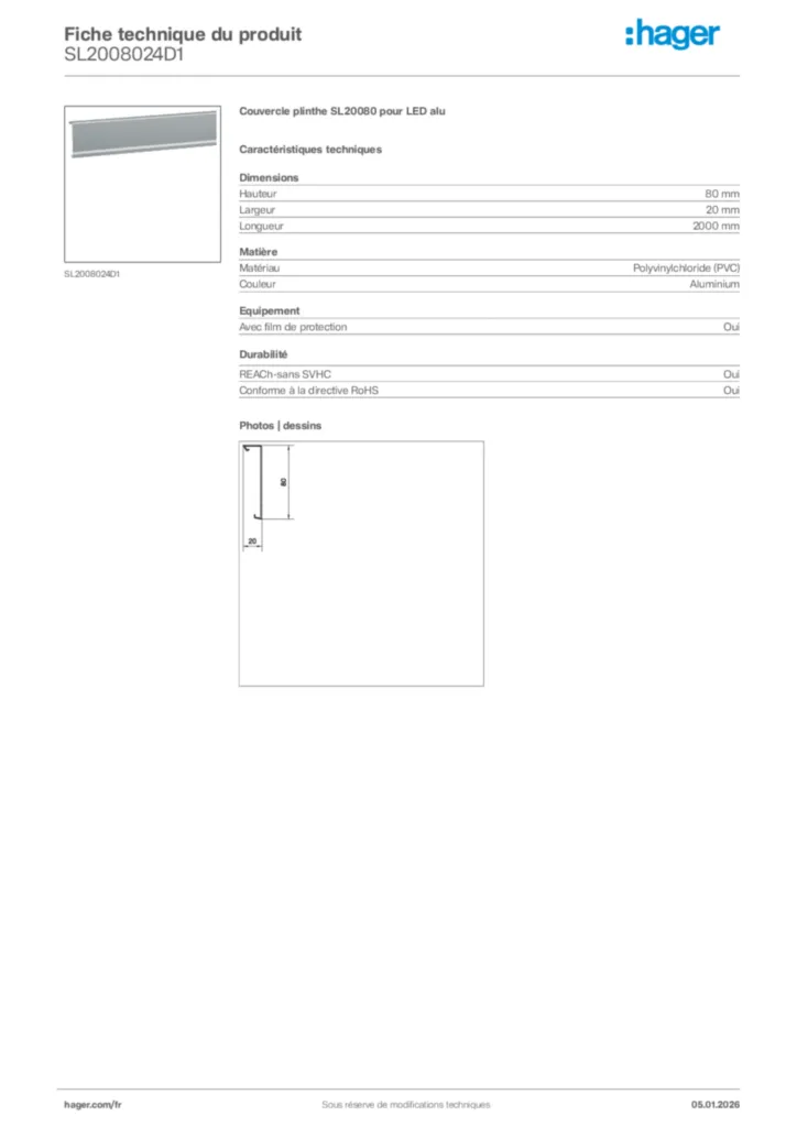 Image Hager Fiche technique du produit SL2008024D1 | Hager France