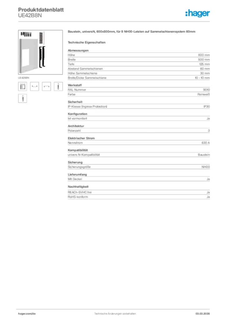 Bild Hager Produktdatenblatt UE42B8N | Hager Deutschland