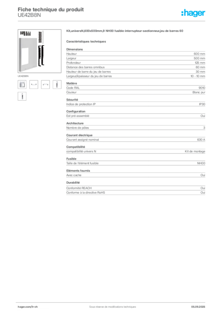 Image Hager Fiche technique du produit UE42B8N | Hager Suisse