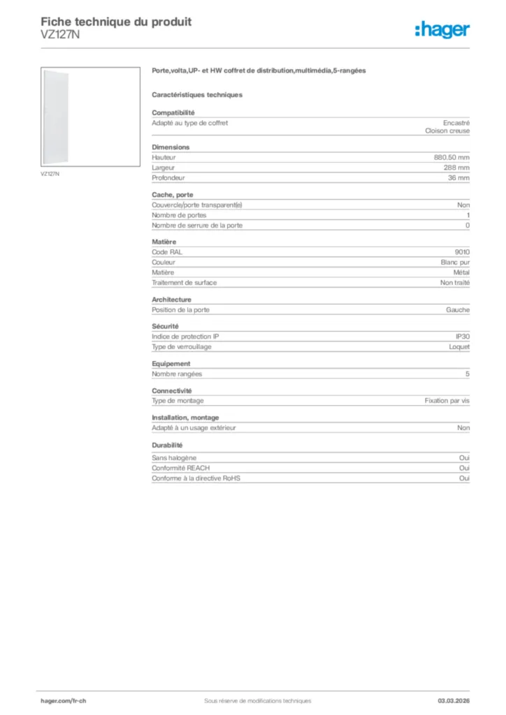 Image Hager Fiche technique du produit VZ127N | Hager Suisse
