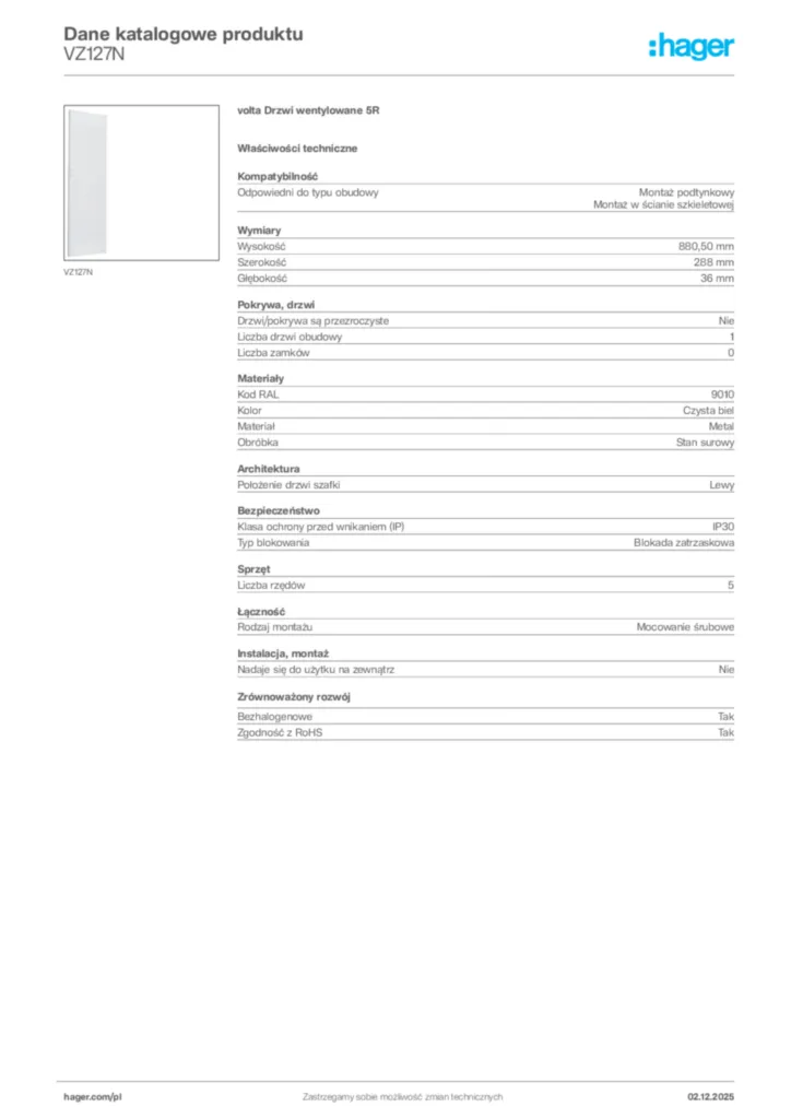 Zdjęcie Hager Dane katalogowe produktu VZ127N | Hager Polska