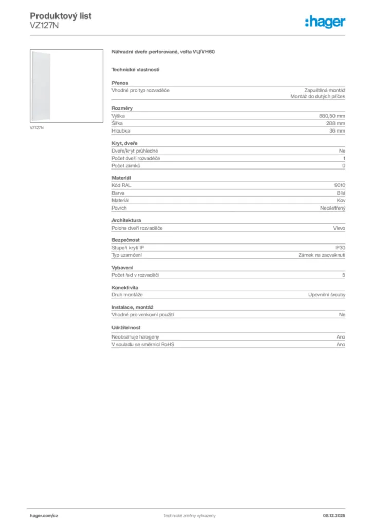 Obrázek Hager Product data sheet VZ127N | Hager