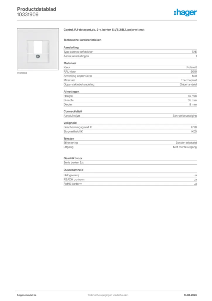 Afbeelding Hager Productdatablad 10331909 | Hager Belgium