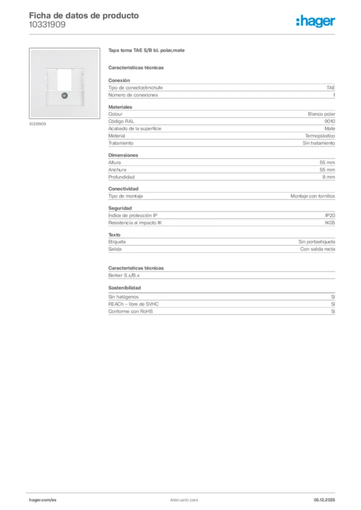 Imagen Hager Ficha de datos de producto 10331909 | Hager España