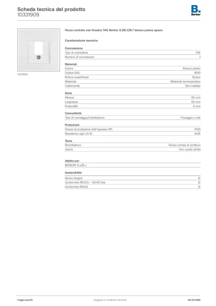 Immagine Berker Scheda tecnica del prodotto 10331909 | Hager Italia