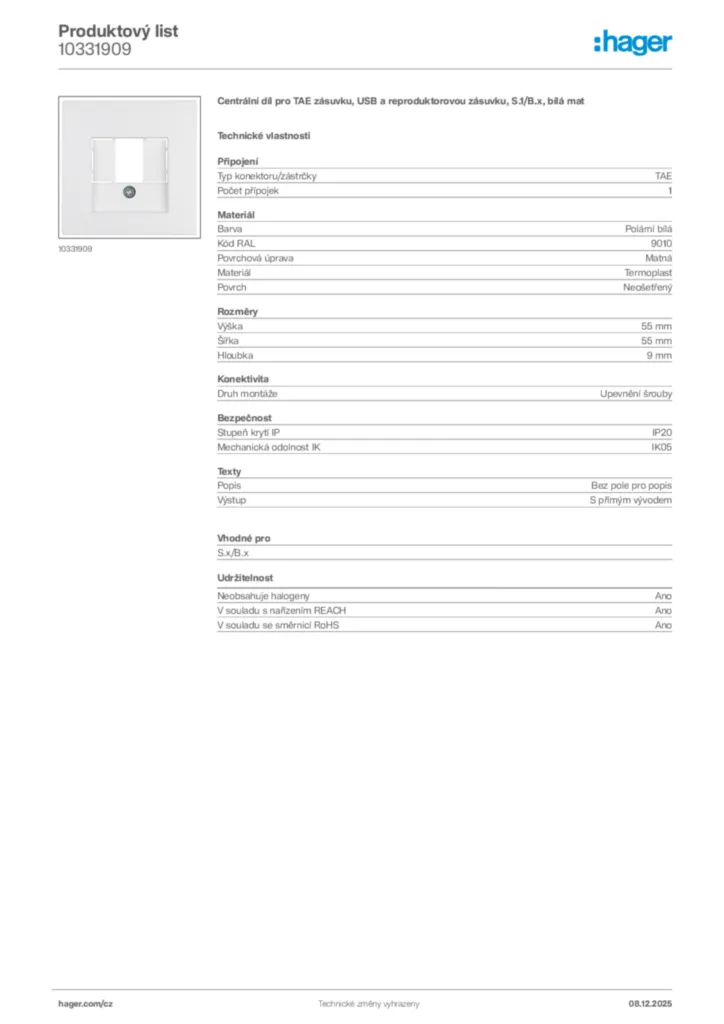 Obrázek Hager Product data sheet 10331909 | Hager