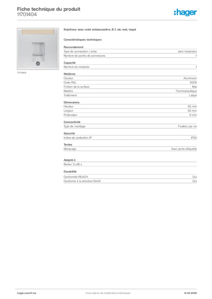 Image Hager Fiche technique du produit 11701404 | Hager Belgique