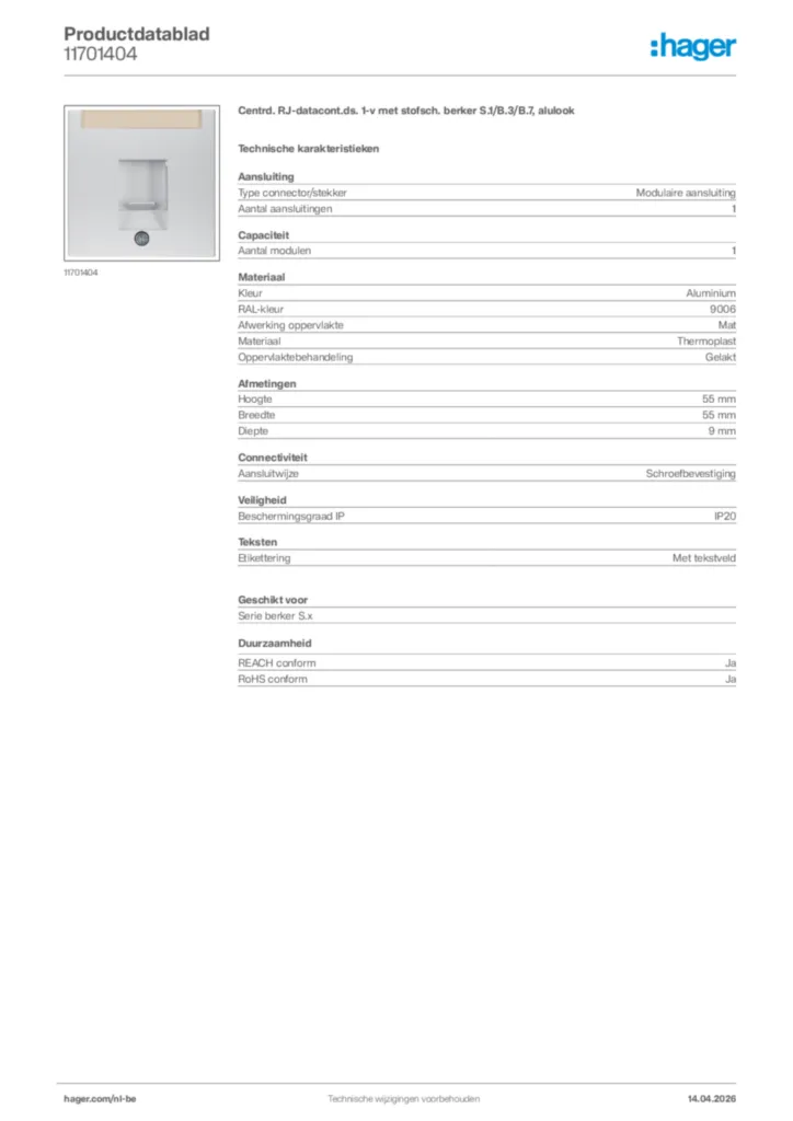 Afbeelding Hager Productdatablad 11701404 | Hager Belgium
