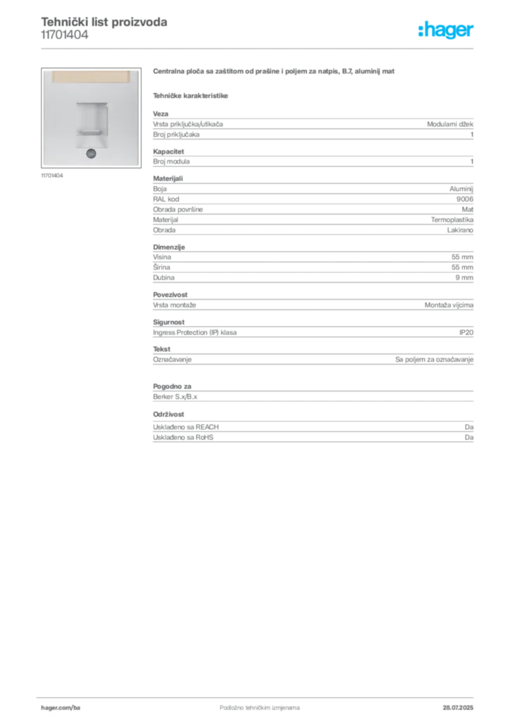 Slika Hager Product data sheet 11701404  | Hager