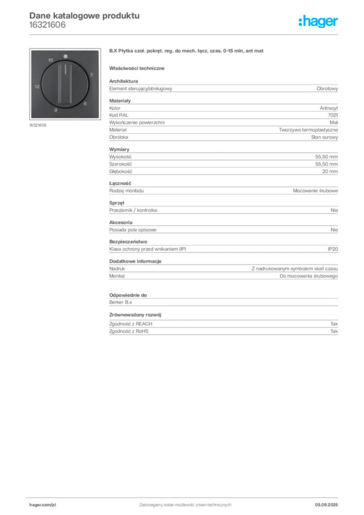 Zdjęcie Hager Dane katalogowe produktu 16321606 | Hager Polska