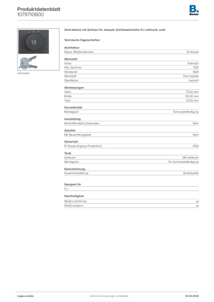 Bild Berker Produktdatenblatt 1079710600 | Hager Deutschland