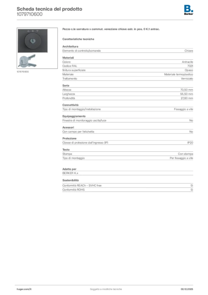 Immagine Berker Scheda tecnica del prodotto 1079710600 | Hager Italia