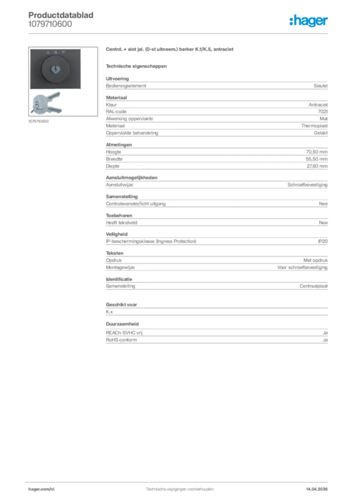 Afbeelding Hager Productdatablad 1079710600 | Hager Nederland