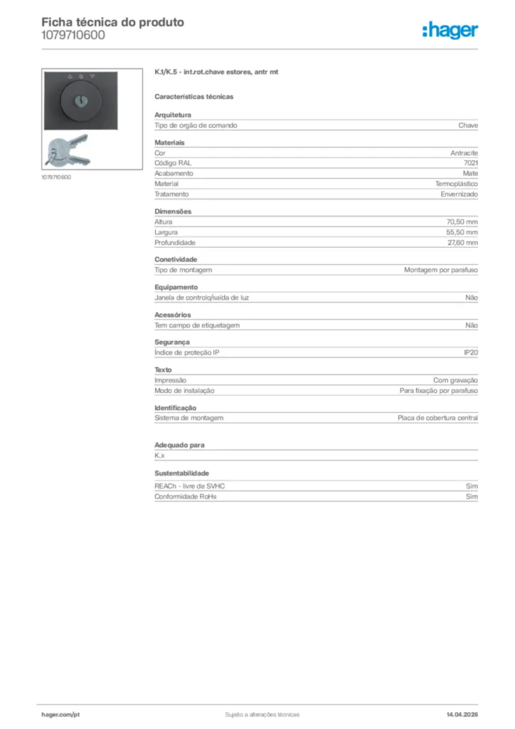 Imagem Hager Ficha técnica do produto 1079710600 | Hager Portugal