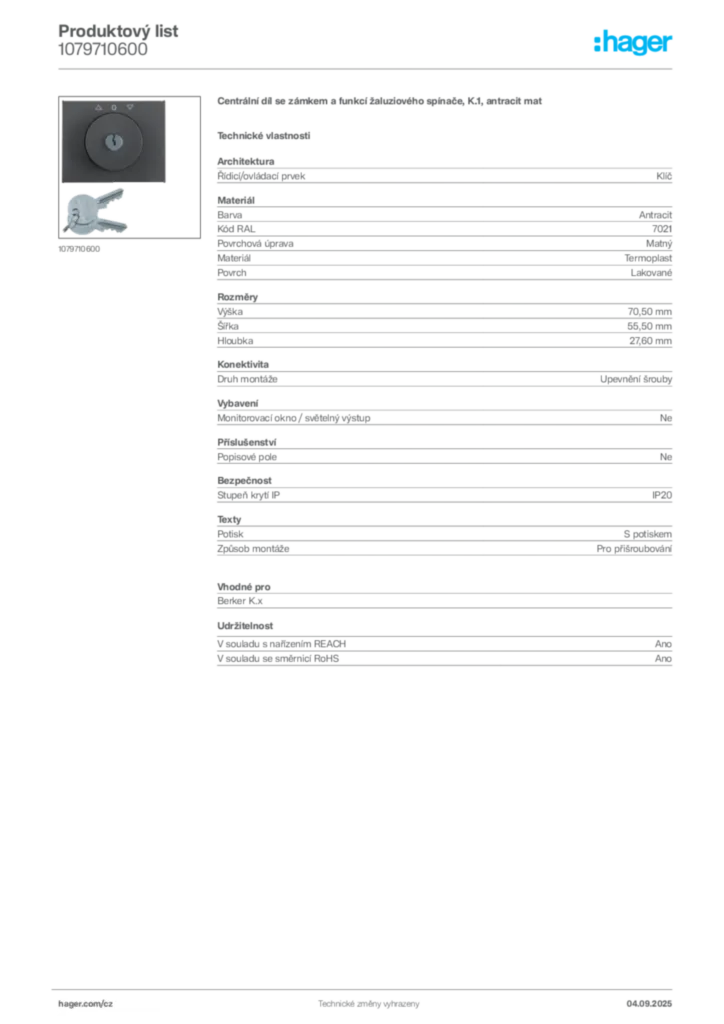 Obrázek Hager Produktový list 1079710600 | Hager