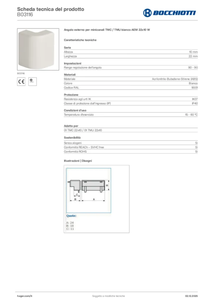 Immagine Bocchiotti Scheda tecnica del prodotto B03116 | Hager Italia