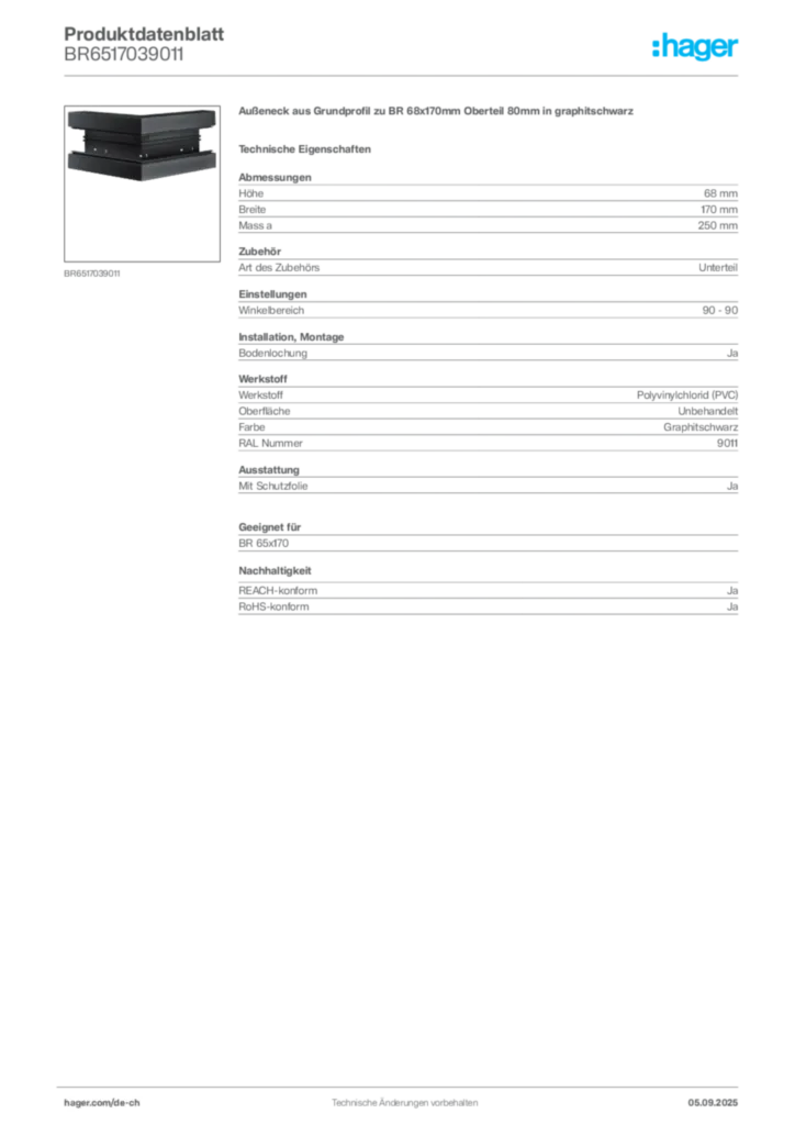 Bild Hager Produktdatenblatt BR6517039011 | Hager Schweiz