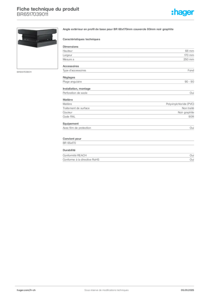 Image Hager Fiche technique du produit BR6517039011 | Hager Suisse