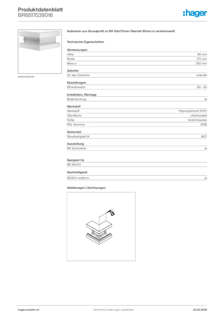 Bild Hager Produktdatenblatt BR6517039016 | Hager Schweiz