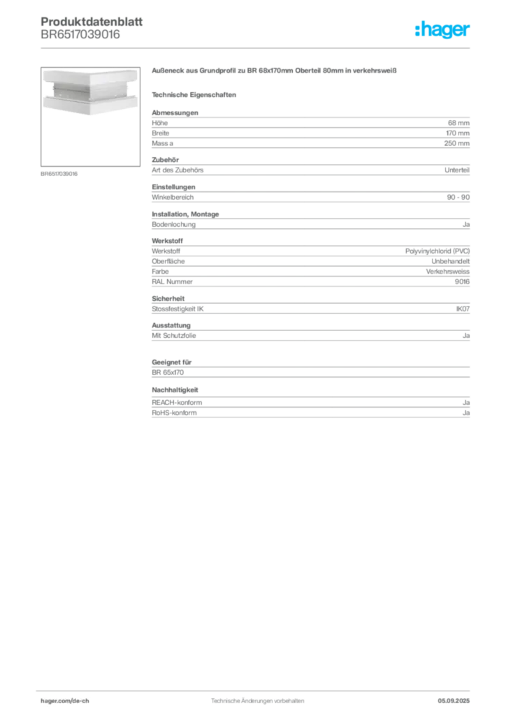 Bild Hager Produktdatenblatt BR6517039016 | Hager Schweiz