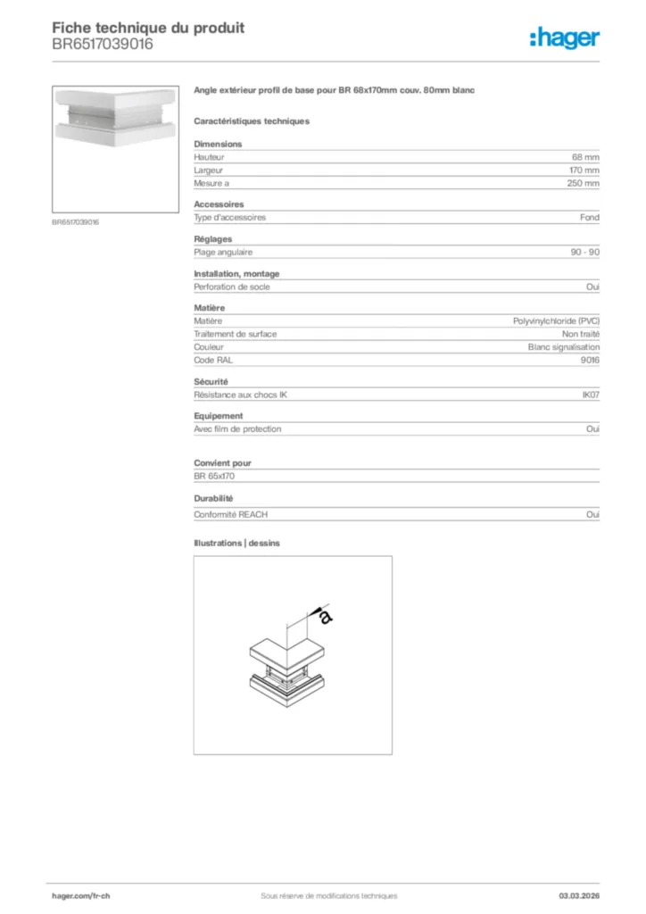 Image Hager Fiche technique du produit BR6517039016 | Hager Suisse