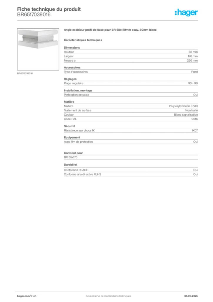 Image Hager Fiche technique du produit BR6517039016 | Hager Suisse