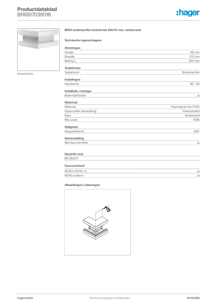 Afbeelding Hager Productdatablad BR6517039016 | Hager Nederland