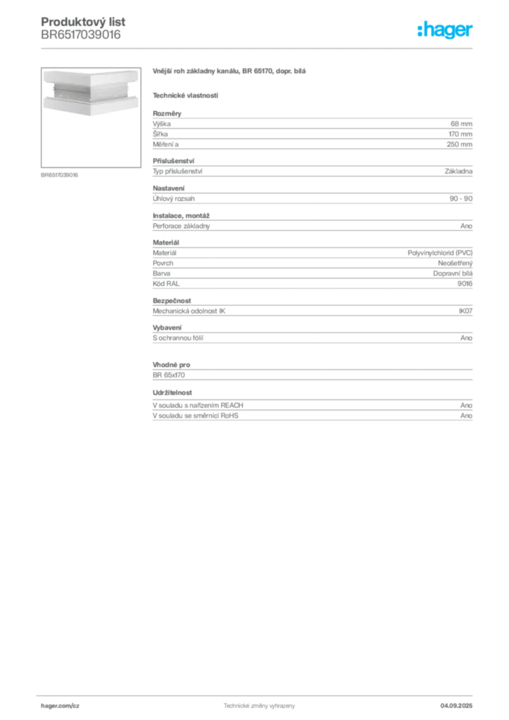 Obrázek Hager Produktový list BR6517039016 | Hager