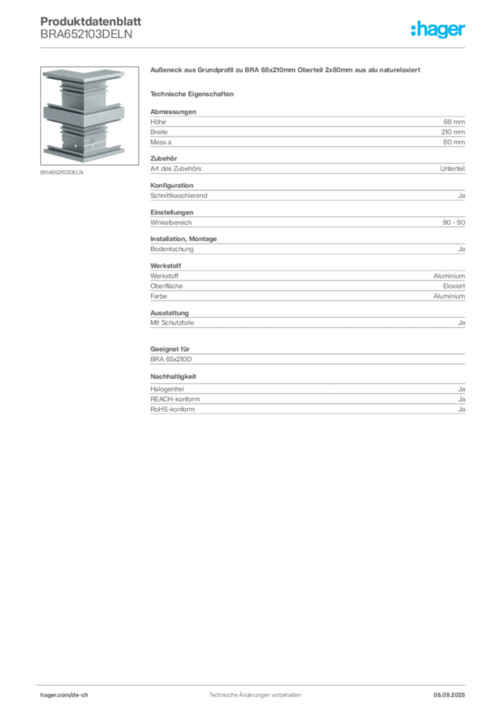 Bild Hager Produktdatenblatt BRA652103DELN | Hager Schweiz