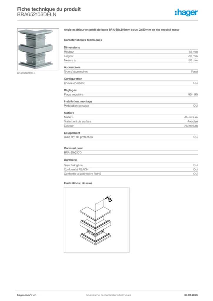 Image Hager Fiche technique du produit BRA652103DELN | Hager Suisse