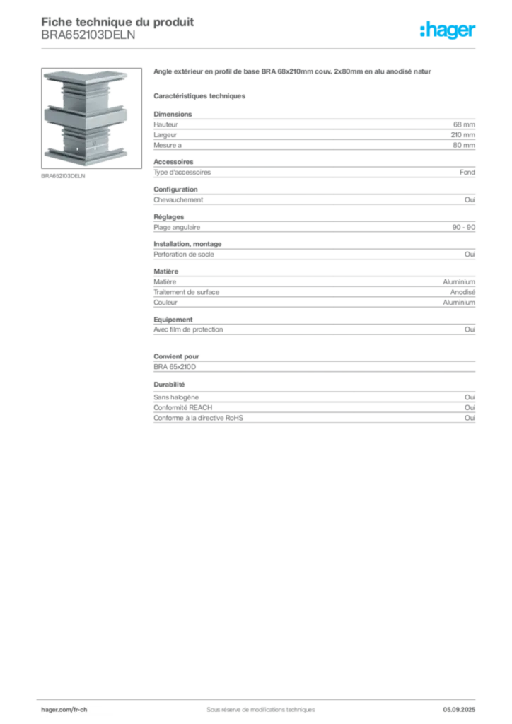 Image Hager Fiche technique du produit BRA652103DELN | Hager Suisse