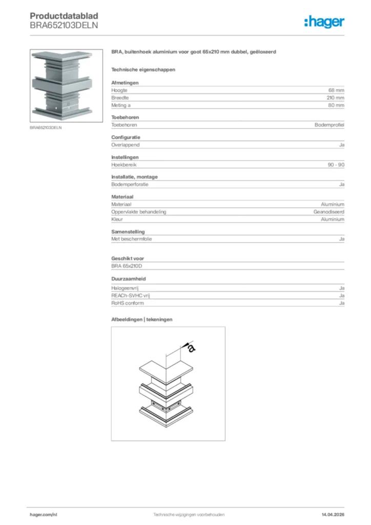 Afbeelding Hager Productdatablad BRA652103DELN | Hager Nederland