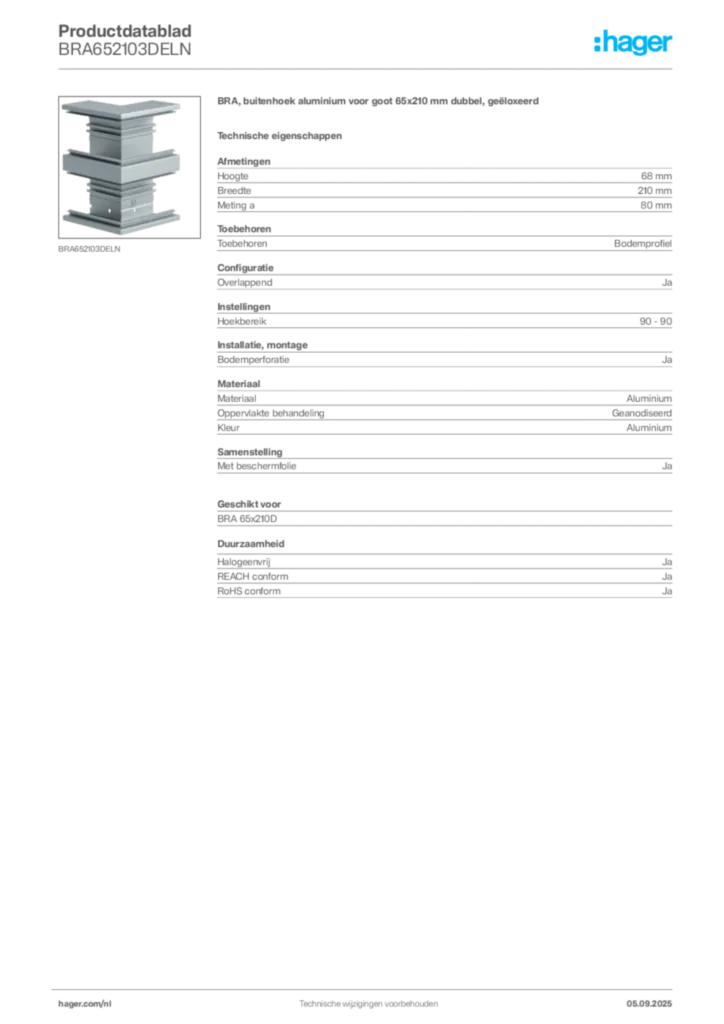 Afbeelding Hager Productdatablad BRA652103DELN | Hager Nederland