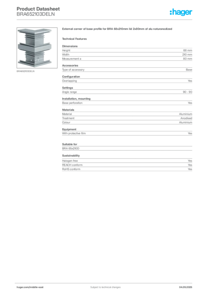 Image Hager Product data sheet BRA652103DELN  | Hager