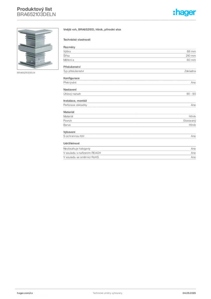 Obrázek Hager Produktový list BRA652103DELN | Hager