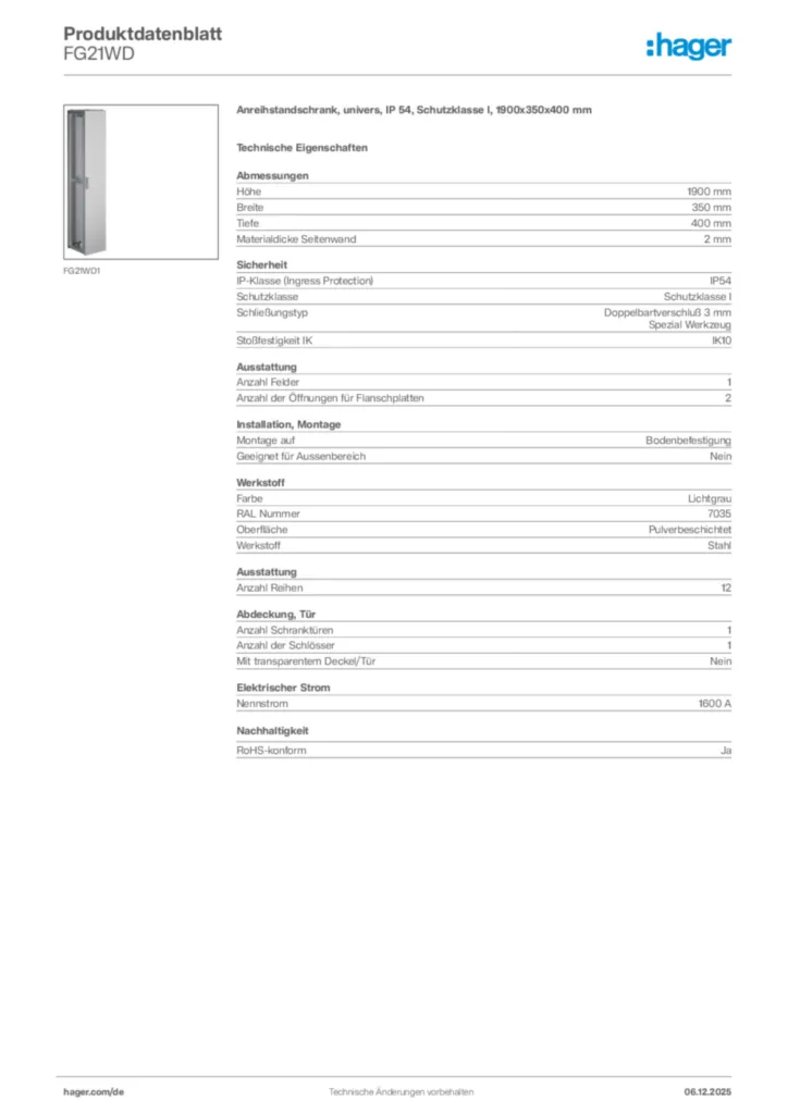 Hager Produktdatenblatt FG21WD
