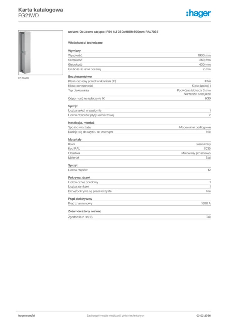 Zdjęcie Hager Karta katalogowa FG21WD | Hager Polska