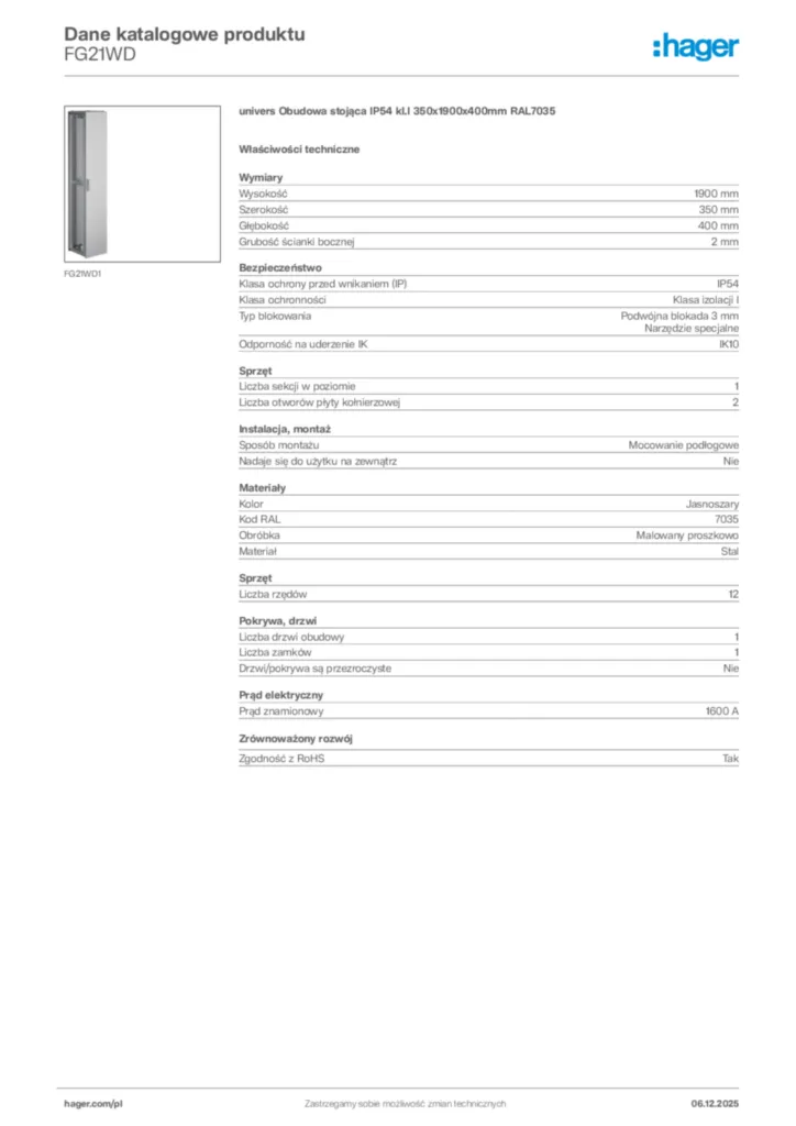 Zdjęcie Hager Karta katalogowa FG21WD | Hager Polska