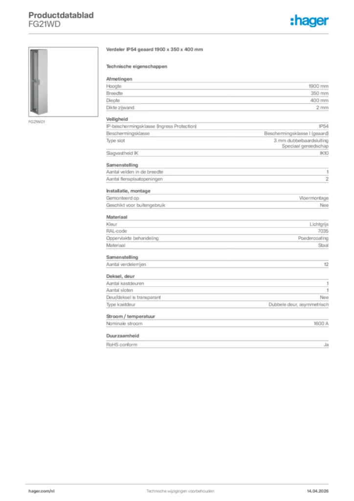 Afbeelding Hager Productdatablad FG21WD | Hager Nederland