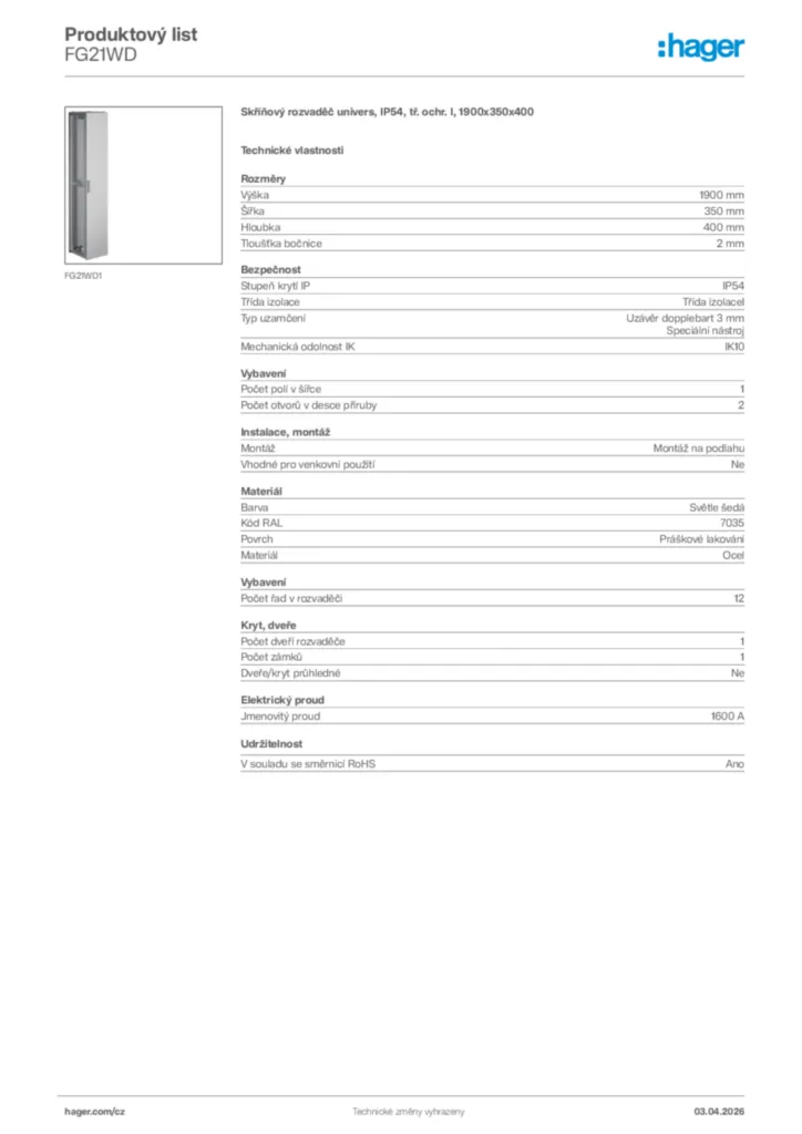 Obrázek Hager Product data sheet FG21WD | Hager