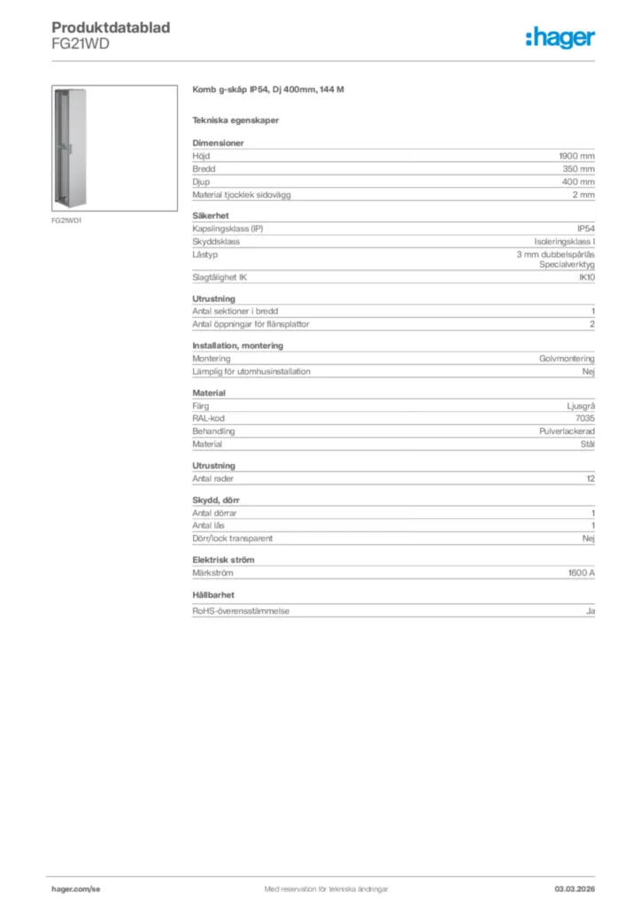 Bild Hager Produktdatablad FG21WD | Hager Sverige