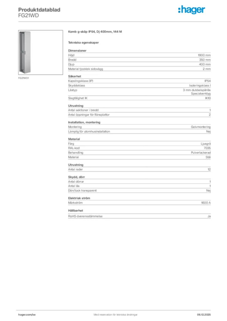 Bild Hager Produktdatablad FG21WD | Hager Sverige
