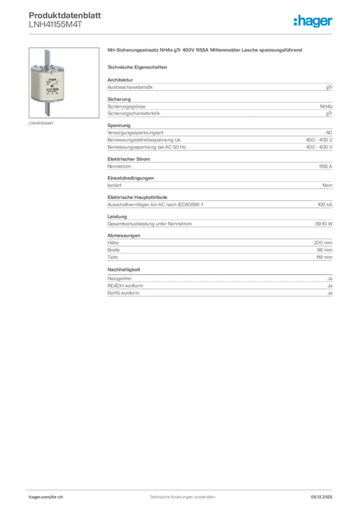Bild Hager Produktdatenblatt LNH41155M4T | Hager Schweiz