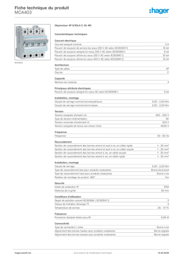 Image Hager Fiche technique du produit MCA403 | Hager Belgique