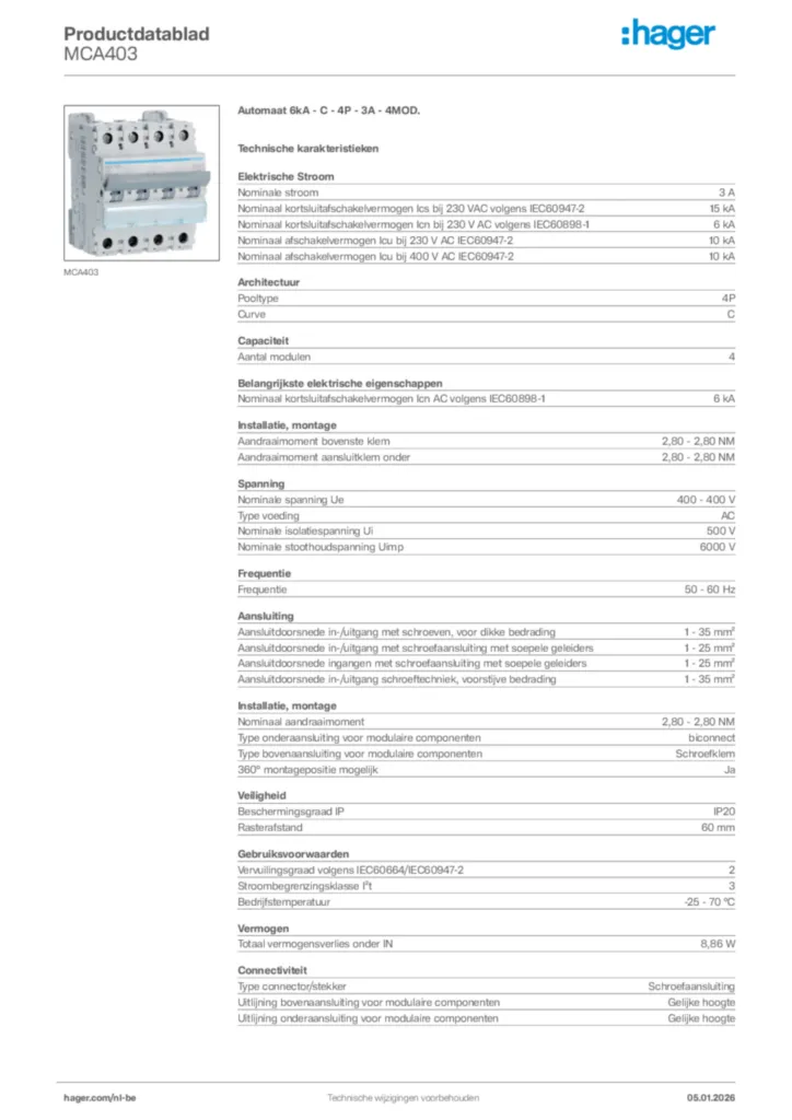 Afbeelding Hager Productdatablad MCA403 | Hager Belgium